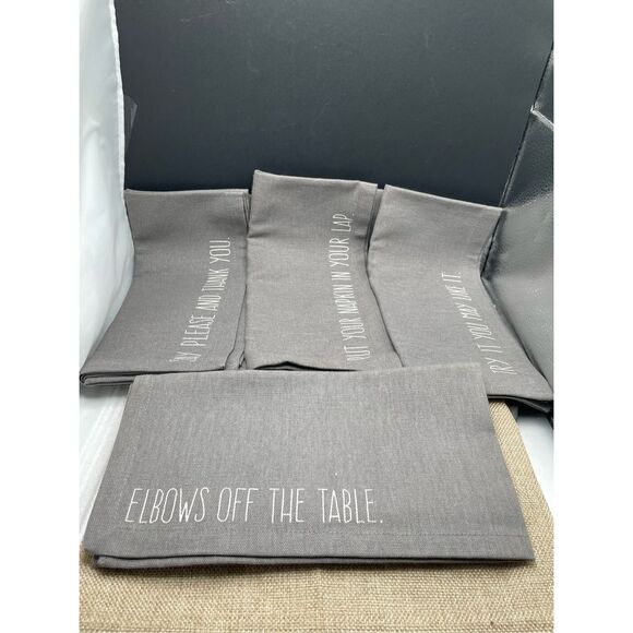 World Market Dinner Napkin Set Gray with Manners Wording 100% Cotton - Picture 1 of 8